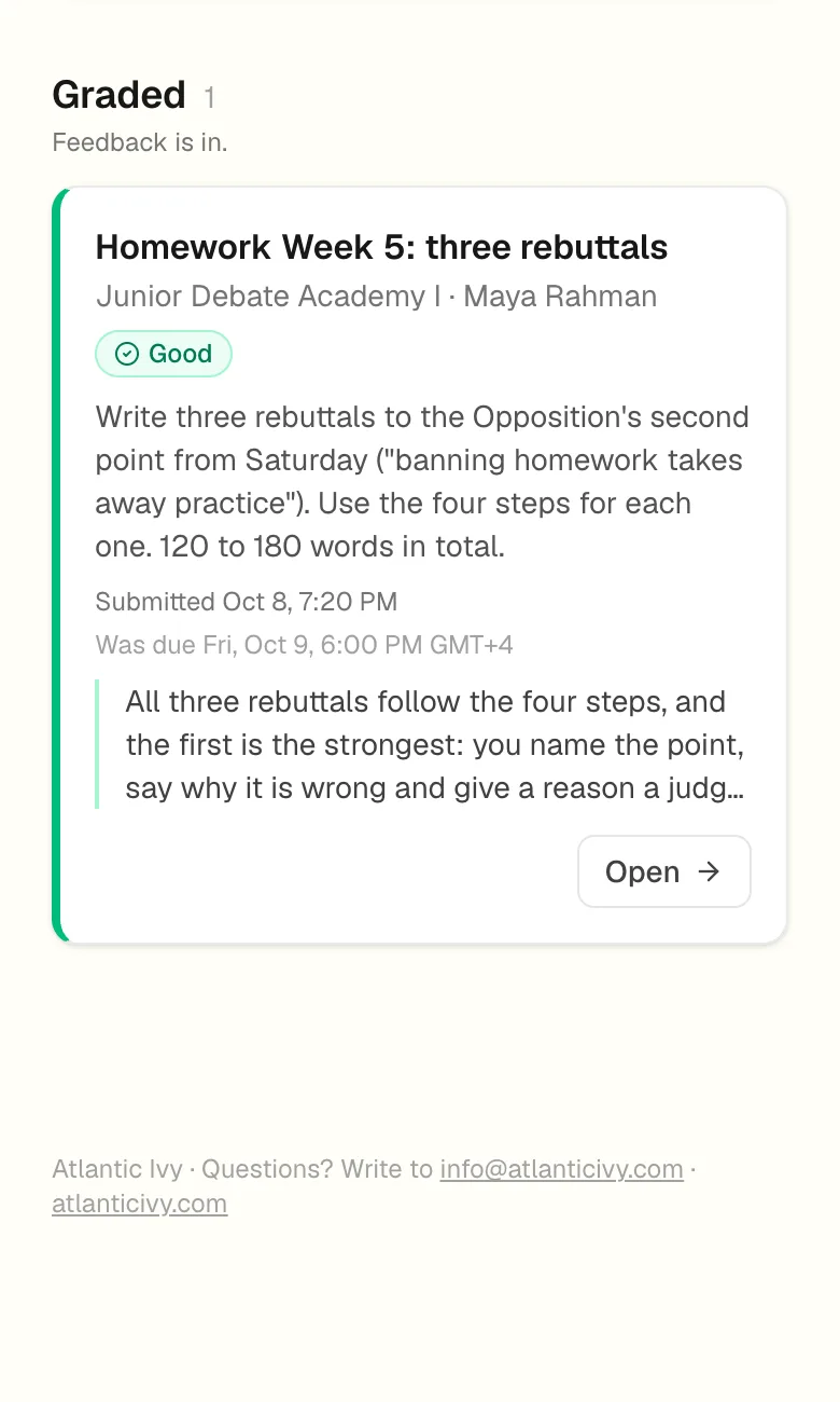 ClassDesk homework screen: a Week 5 rebuttal task returned with the grade Good and the coach's written feedback