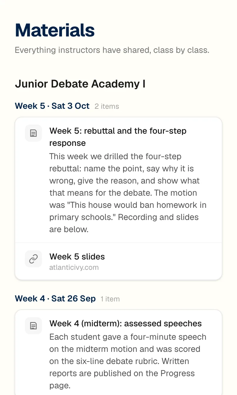 ClassDesk materials screen: notes and slides posted after the Week 5 and Week 4 classes