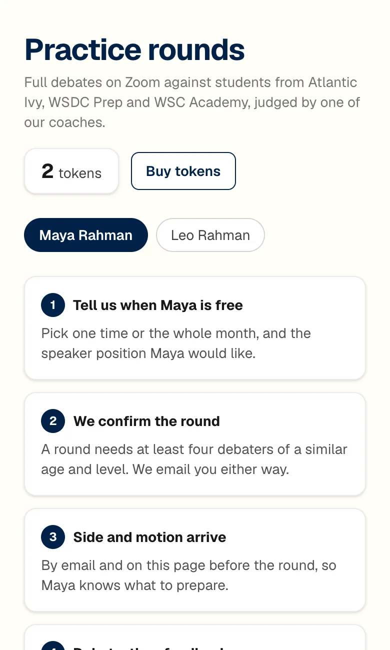 ClassDesk practice rounds screen: tokens, the child selector and the four steps from choosing a time to the written ballot