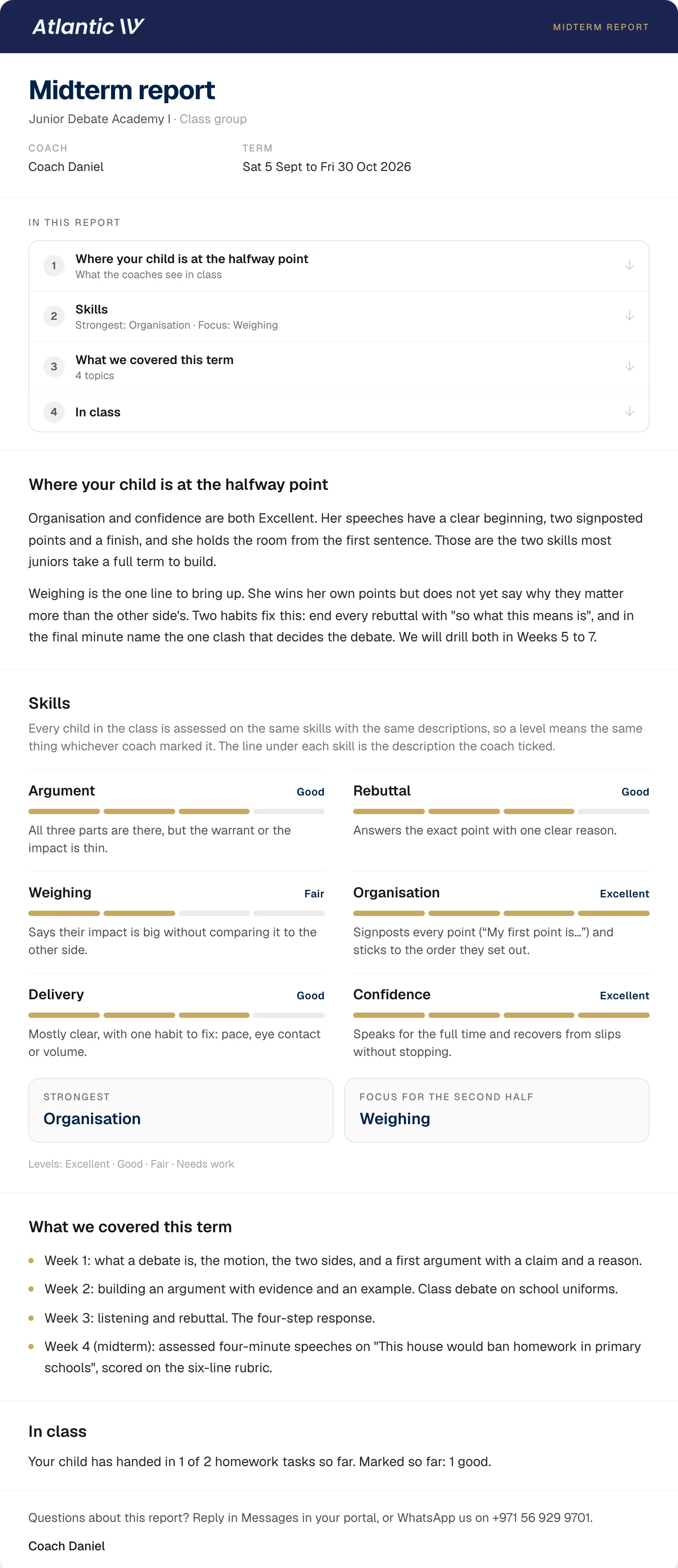 A complete ClassDesk midterm report with the child's name removed: coach and term, the contents list, the coach's note on where the child is at the halfway point and the one thing to work on, six skills on a four-step scale, what the class covered in Weeks 1 to 4, and homework handed in