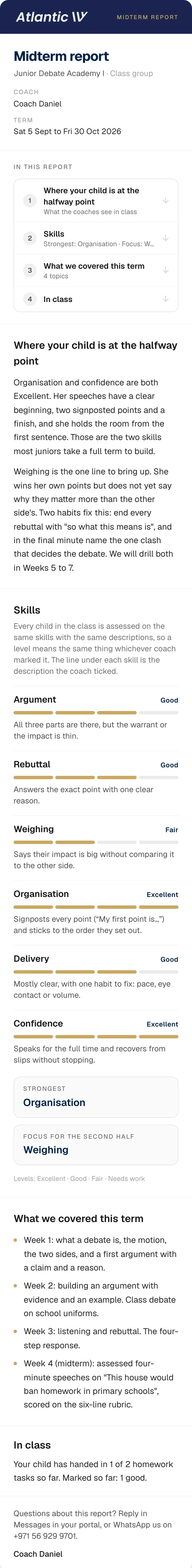 The same complete midterm report as shown on a phone