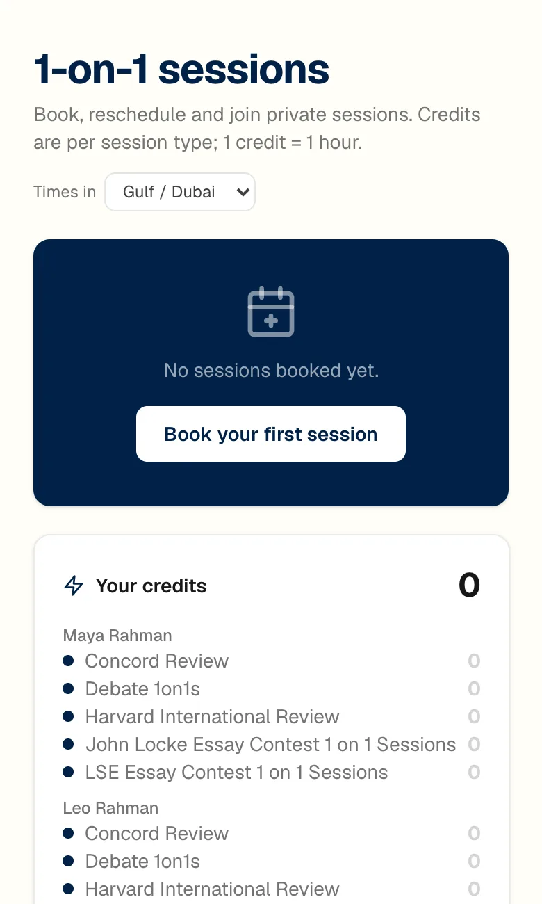 ClassDesk 1-on-1 sessions screen: a book-your-first-session button and the family's credits by session type