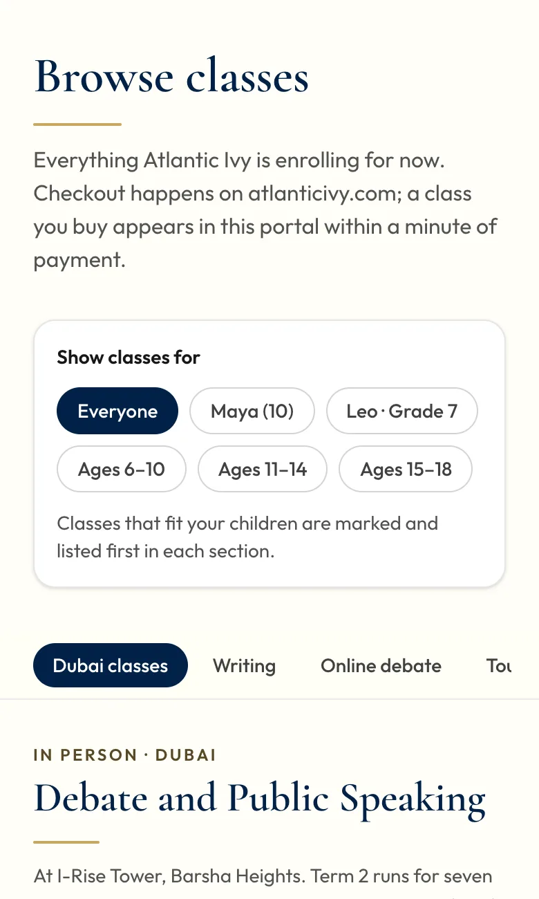 ClassDesk browse classes screen: Term 2 Dubai classes filtered by child or age