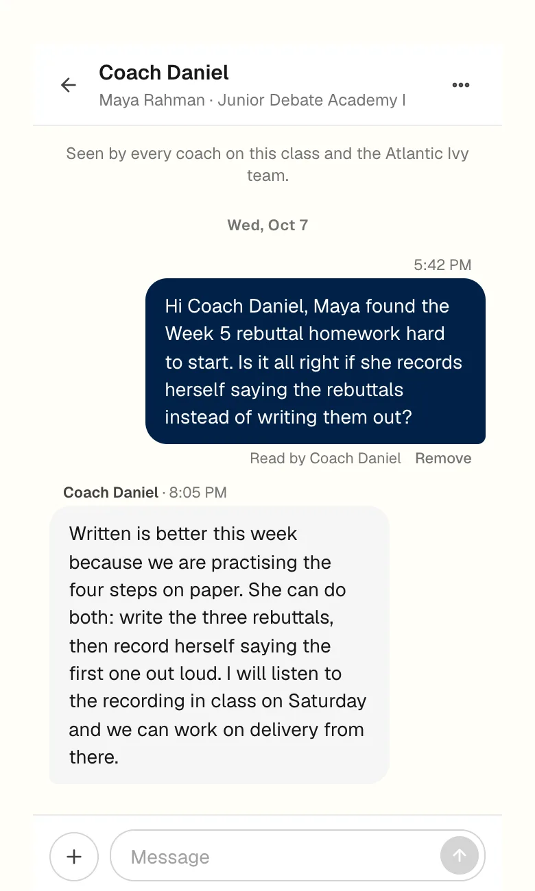 ClassDesk messages: a parent asks the coach about the rebuttal homework and the coach replies the same evening