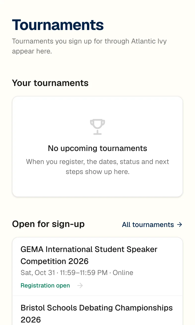 ClassDesk tournaments screen: the family's entries, then tournaments open for sign-up with dates and format